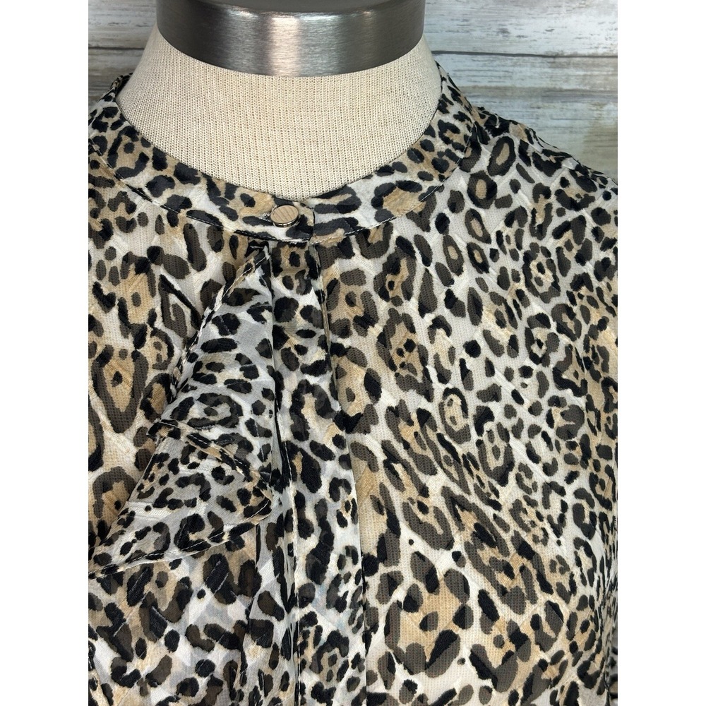 Chicos Small Leopard Print Ruffle Button Long Sleeve Sheer Top Women Size O - Picture 3 of 12